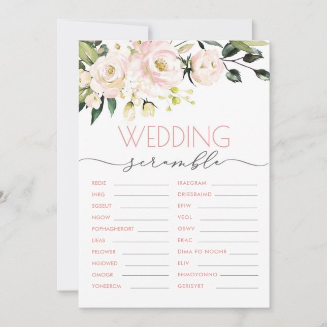 Invitación Juego de palabras de Boda floral verde Rubor (Anverso)
