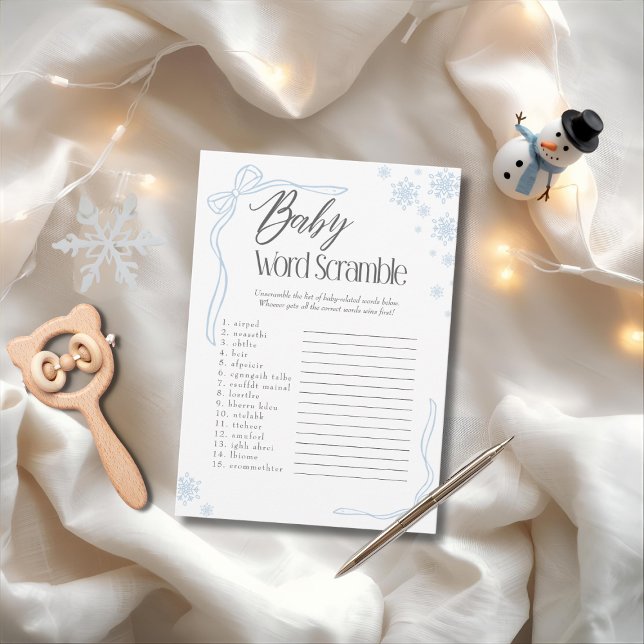 Invitación Juego de Palabras de Bow Blue Bow para bebé escram (Frosty Blue Bow Baby Word Scramble Game)