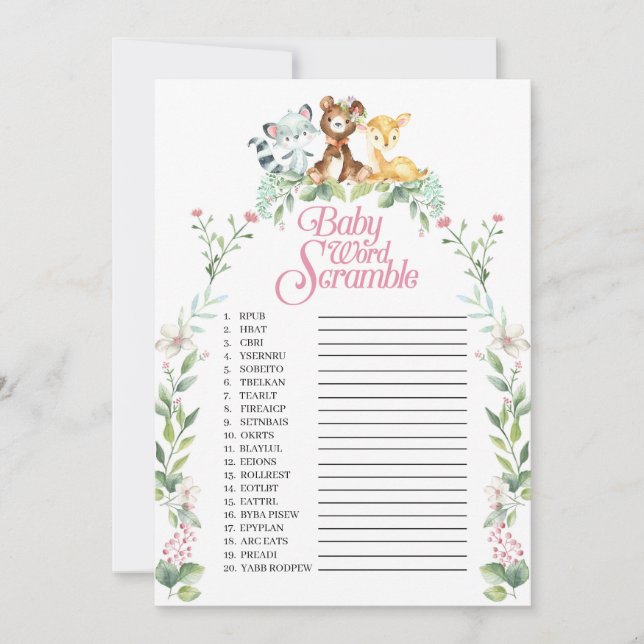 Invitación Juego de palabras de Woodland Baby Shower (Anverso)