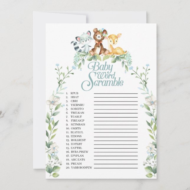 Invitación Juego de palabras de Woodland Baby Shower (Anverso)