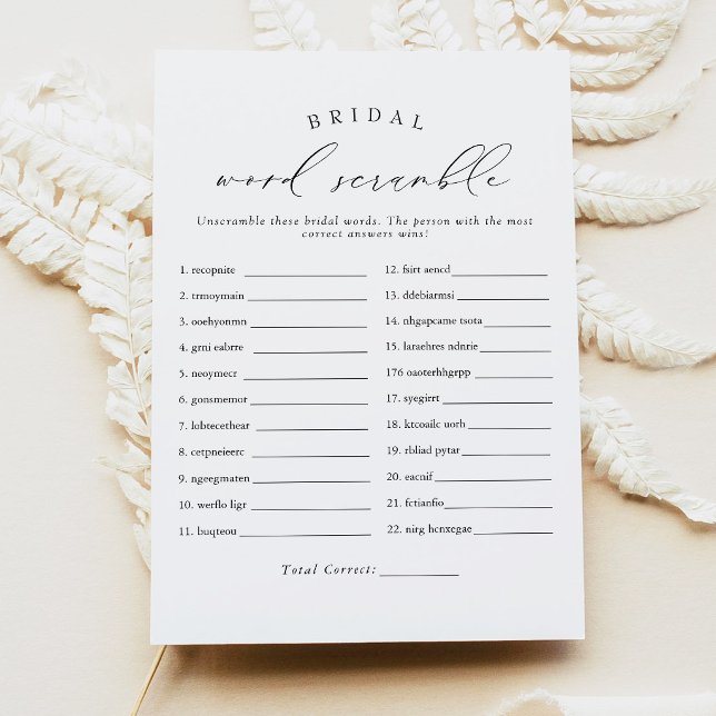 Invitación Juego de palabras desordenadas de boda con letra e (Elegant Script Bridal Word Scramble Bridal Shower Game)