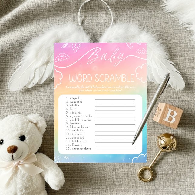 Invitación Juego de palabras desordenadas del bebé arcoíris c (Heavenly Rainbow Baby Word Scramble Game)