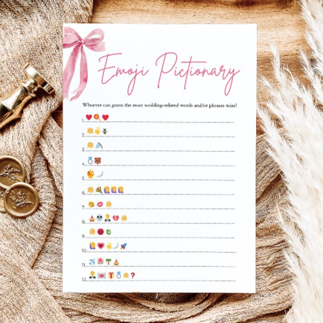 Invitación Juego de Pictionary de emojis para despedida de so (Blush Pink Bow Bridal Shower Emoji Pictionary Game)