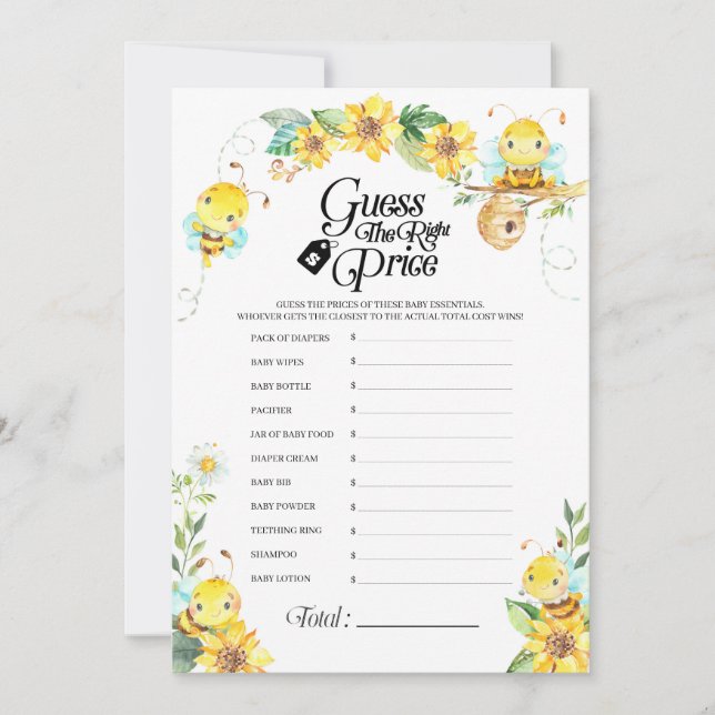 Invitación Juego de precios de Bee Baby Shower (Anverso)