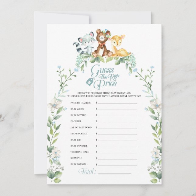 Invitación Juego de precios de Woodland Baby Shower (Anverso)