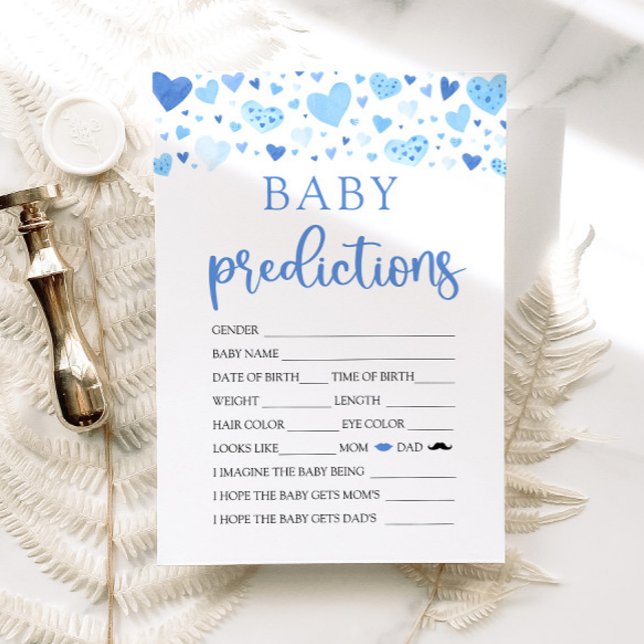 Invitación Juego de predicción de bebés de Blue Valentine Bab (Watercolor Cute Blue Hearts Valentine Sweetheart February Baby Boy Baby Prediction Baby Shower Game)