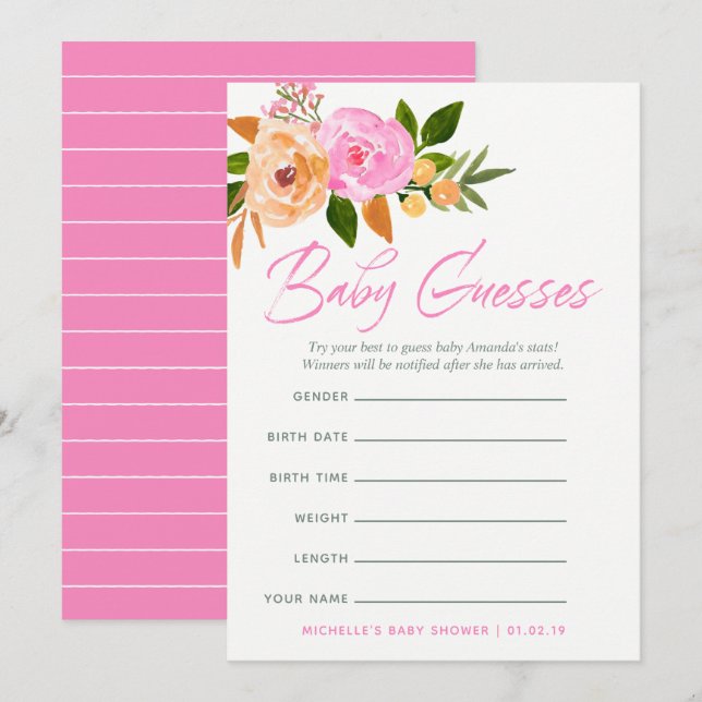 Invitación Juego de predicciones para bebé con flores silvest (Anverso / Reverso)