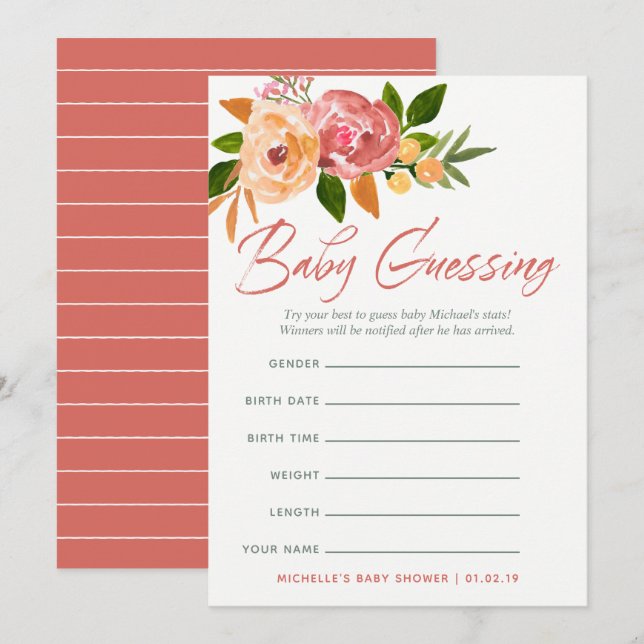 Invitación Juego de predicciones para bebé con flores silvest (Anverso / Reverso)