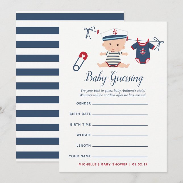 Invitación Juego de predicciones para bebés de Nautical Boy B (Anverso / Reverso)