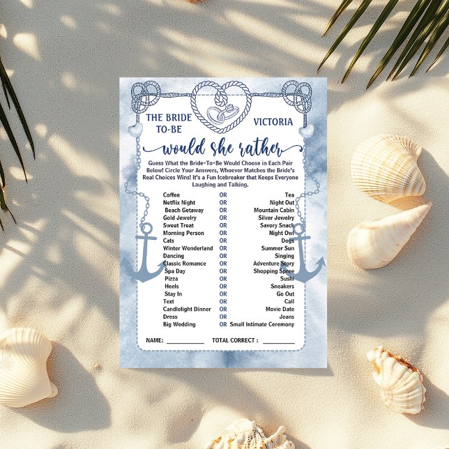 Invitación Juego de '¿Qué Prefiere?' para Despedida de Solter (Nautical Would She Rather Game Bridal Shower card)