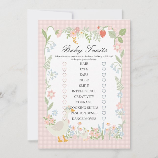 Invitación Juego de rasgos de bebé de gingham floral de ganso (Anverso)