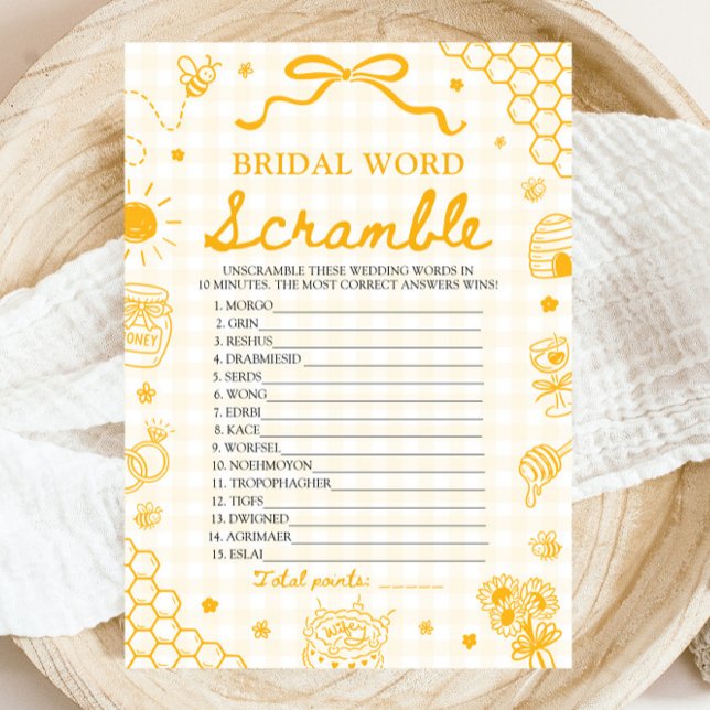 Invitación Juego de rompecabezas de palabras nupciales de abe (Yellow Gingham Honey Bee Bridal Word Scramble Game)