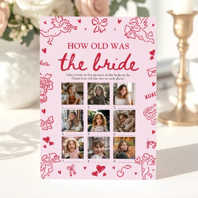 Invitación Juego de San Valentín Dibujado a Mano ¿Qué Edad Te (Pink Hand Drawn How Old Was The Bride Game)