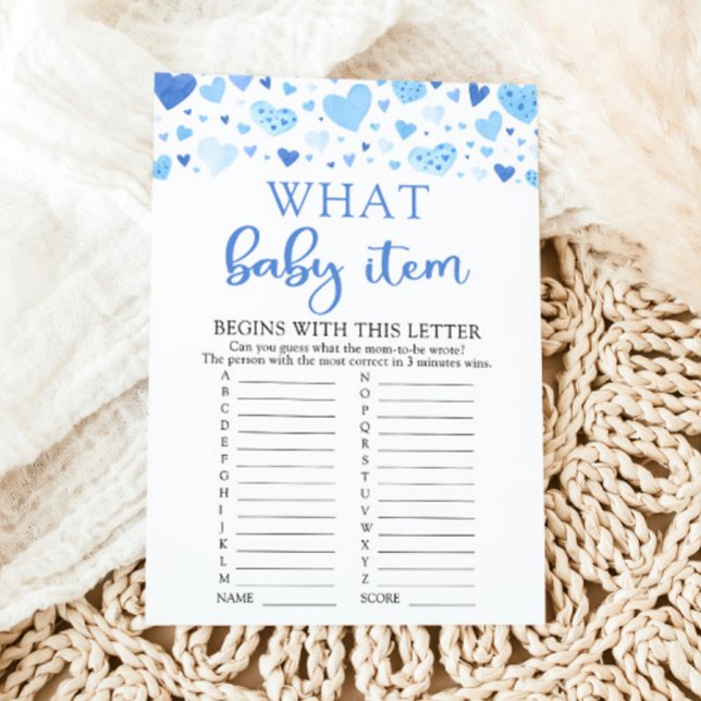 Invitación Juego de Shower de Bebé: ¿Qué Artículo de Bebé es  (Watercolor Cute Blue Hearts Valentine Sweetheart February Boy What Baby Item Baby Baby Shower Game)