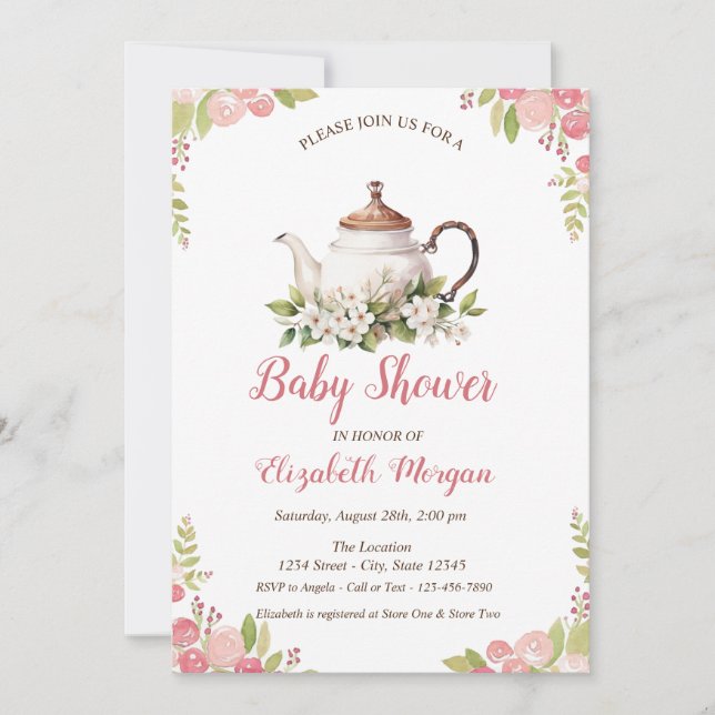 Invitación Juego de té acuarela rosas (Anverso)