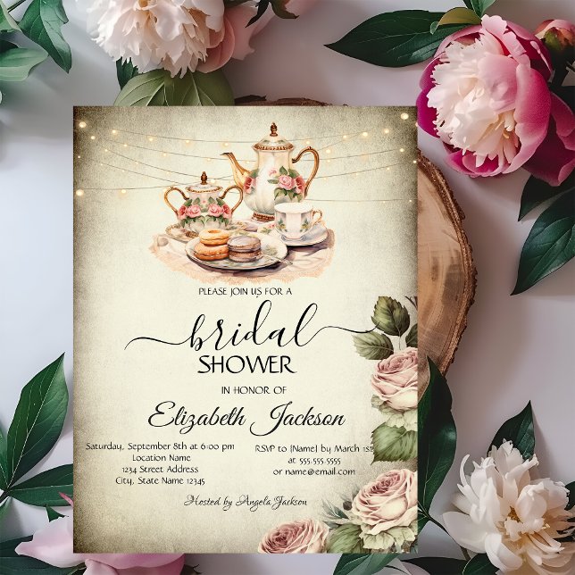 Invitación Juego de té rústico, Luces de Cadena, Rosas Bridal (Subido por el creador)