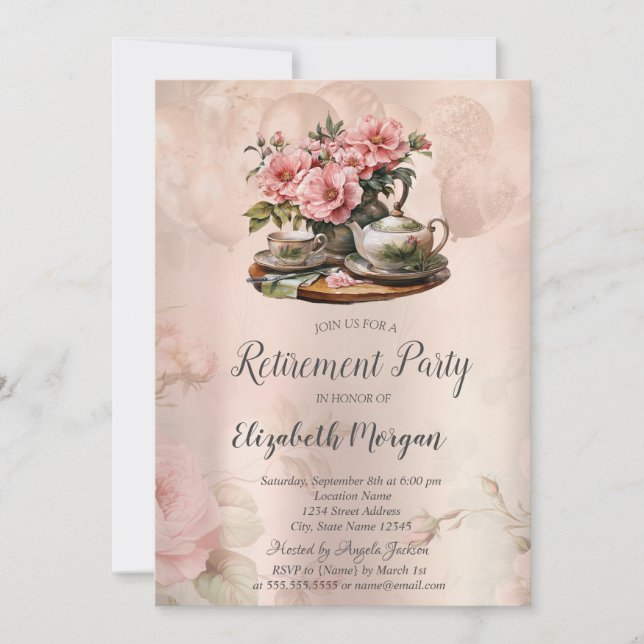 Invitación Juego de té vintage floral Jubilación  (Anverso)