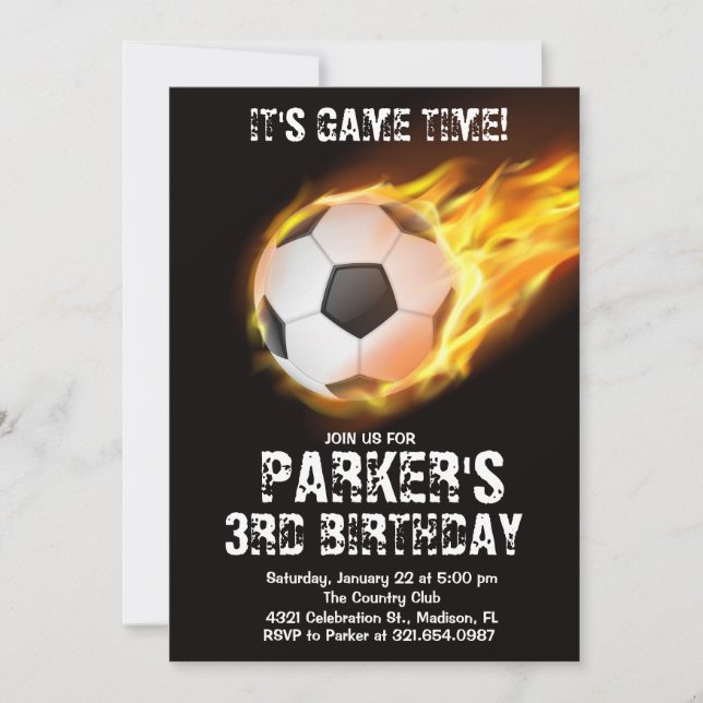 Invitación Juego de temas deportivos Fuego Fútbol Cumpleaños (Anverso)