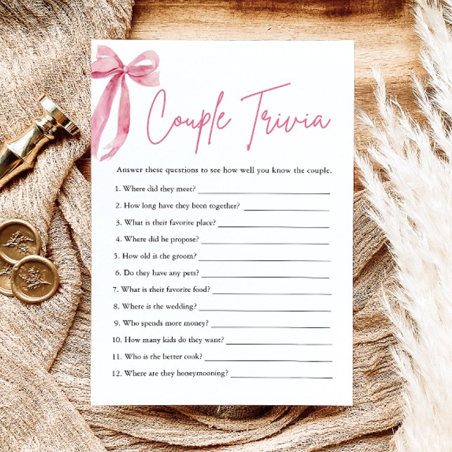 Invitación Juego de trivia para la ducha de novia de la parej (Blush Pink Bow Couple Trivia Bridal Shower Game)