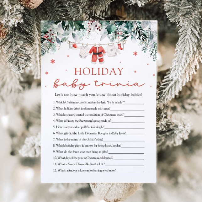 Invitación Juego de trivialidades para bebés de vacaciones Re (Watercolor Red Santa Baby Shower Holiday Baby Trivia Game)