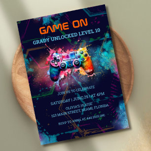 Invitación Juego de video Partida de cumpleaños Juego de Neon