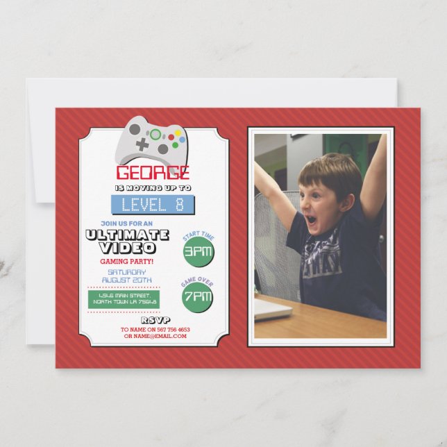 Invitación Juego de videojuegos Fiesta Red Photo Boys Juegos (Anverso)