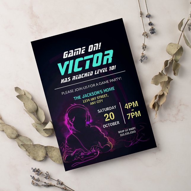 Invitación Juego En El Videojuego Neon Partido Cumpleaños Del (Subido por el creador)