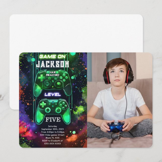 Invitación Juego en marcha, video juego de niños foto cumplea (Anverso / Reverso)