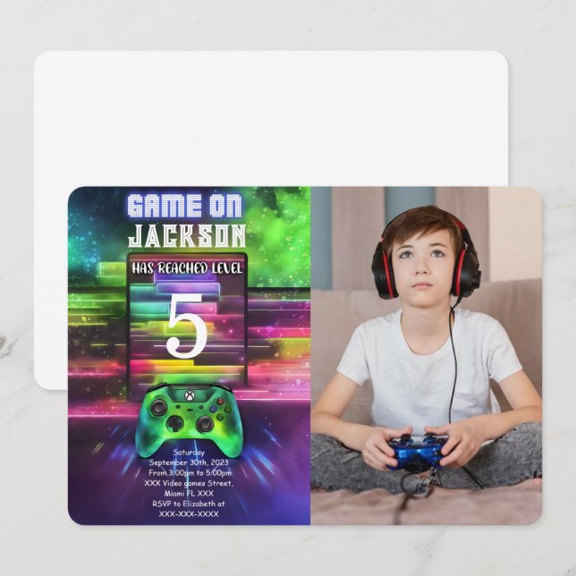 Invitación Juego en marcha, video juego de niños foto cumplea (Anverso / Reverso)