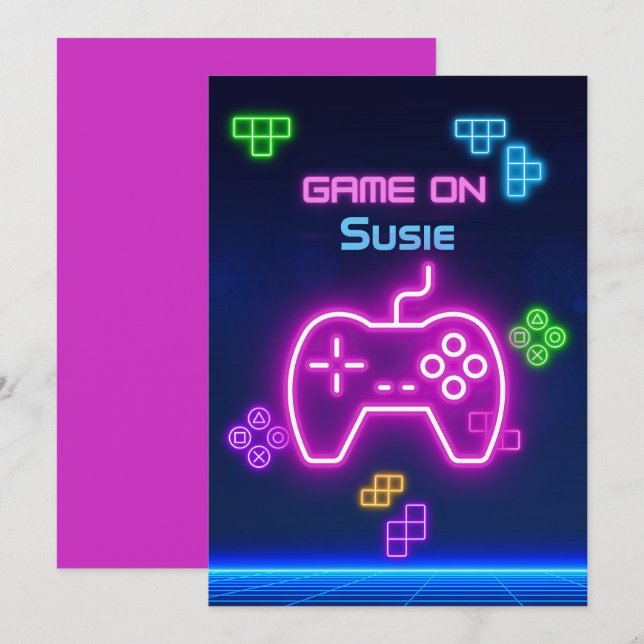 Invitación Juego en video neonatero verde, rosa, azul (Anverso / Reverso)