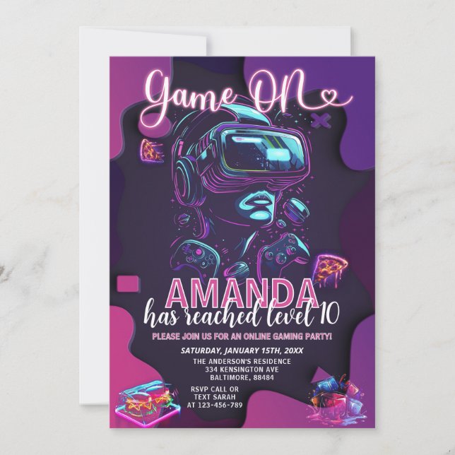 Invitación Juego En Videojuego Neon Glow Level Up Cumpleaños (Anverso)