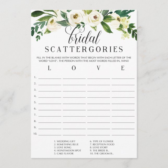 Invitación Juego Floral Bridal Shower Scattergories (Anverso)