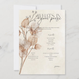 Invitación Juego Floral Marrón ¿Qué hay en tu Bolso?