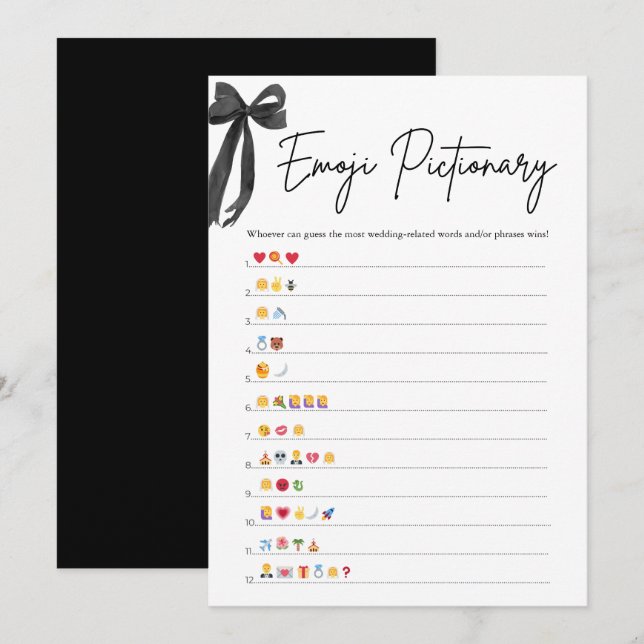 Invitación Juego gráfico de Emoji de ducha de novia Black Bow (Anverso / Reverso)