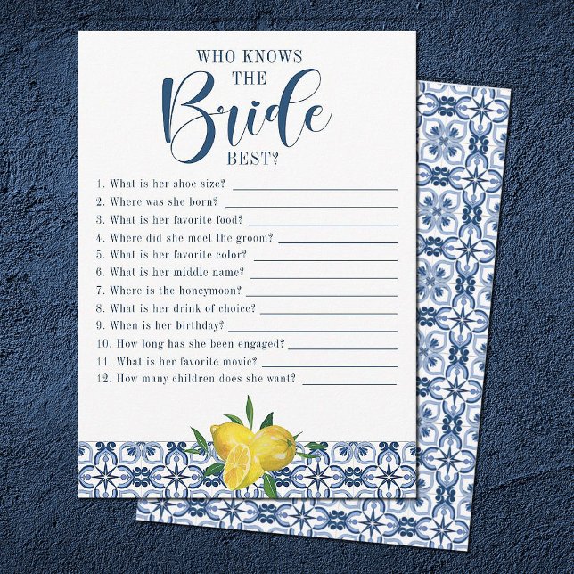 Invitación Juego mediterráneo Blue Tile Lemon Bridal Shower (A fun bridal shower game, Who Knows the Bride Best.)