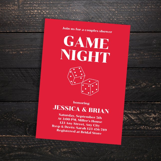 Invitación Juego Noche Red Retro Fuente Dices Ducha Parejas (Game Night Red Retro Font Dices Couples Shower Invitation)