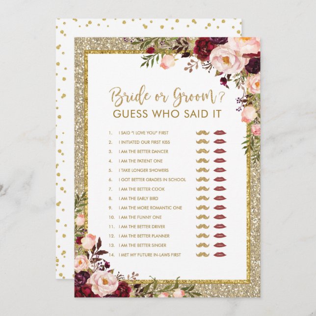 Invitación Juego nupcial de la ducha del purpurina del oro de (Anverso / Reverso)