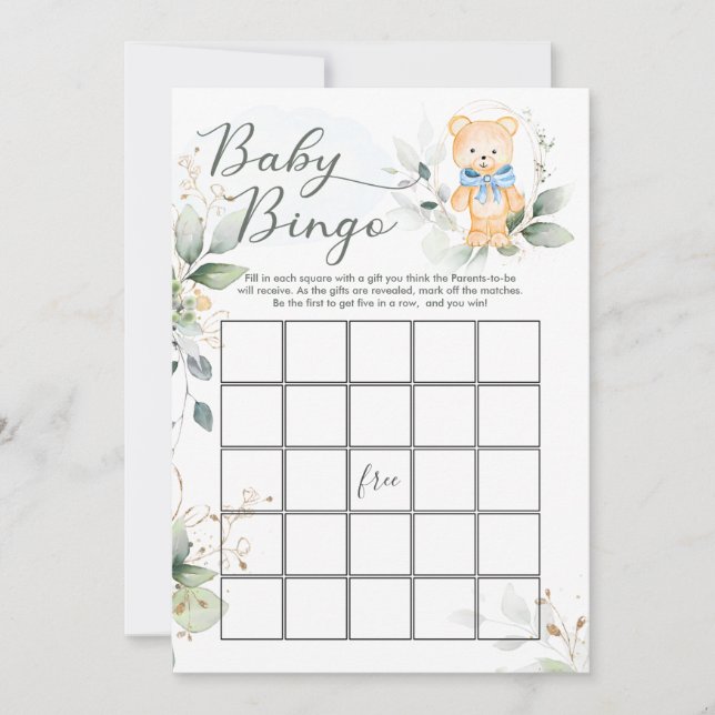 Invitación Juegos de Bingo/Trato de Baby Shower para oso verd (Anverso)