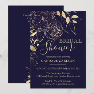Invitación Juerguista azul marino y dorado moderno Floral Bri