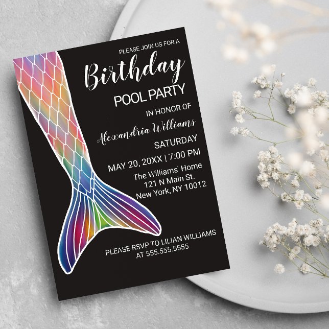 Invitación Juerguista Púrpura Marina Mermaid Piscina De Cola (Girly Pink Purple Navy Mermaid Tail Pool Birthday)