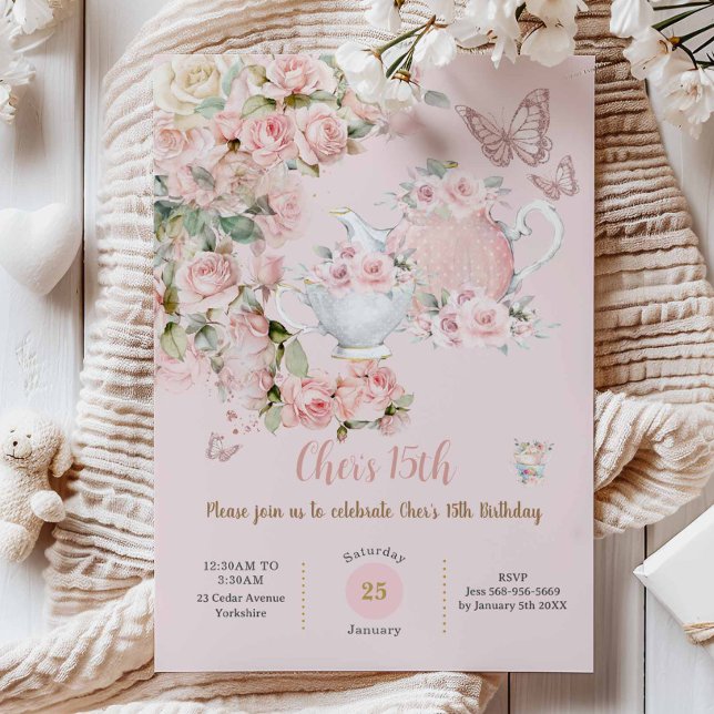 Invitación Jueves de Aniversario Rosado del Castillo de Fairy (shabby chic blush pink roses floral high tea party birthday baby shower bridal invitation cards )