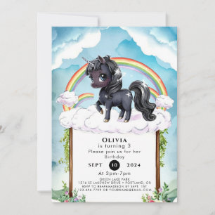 Invitación Jueves de cumpleaños de Black Unicorn para niños e