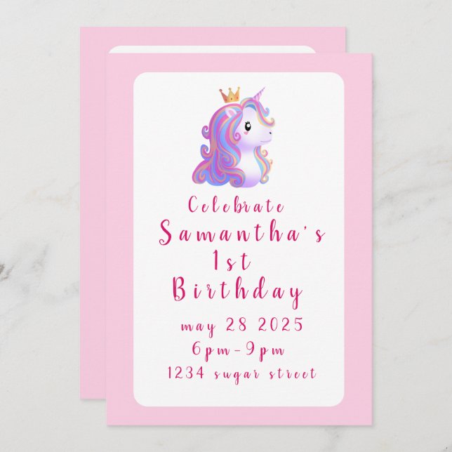 Invitación Jueves de cumpleaños de Unicornio (Anverso / Reverso)