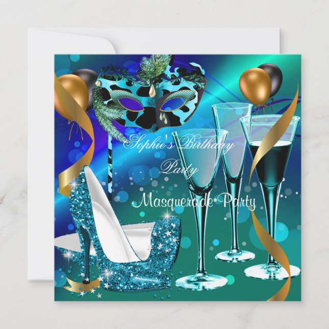 Invitación Jueves de la mascarada Cumpleaños Verde azulado Or (Anverso)