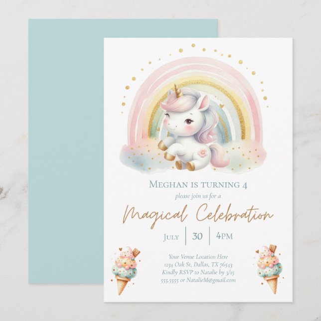 Invitación Jueves de unicornio, helado y arcoiris (Anverso / Reverso)