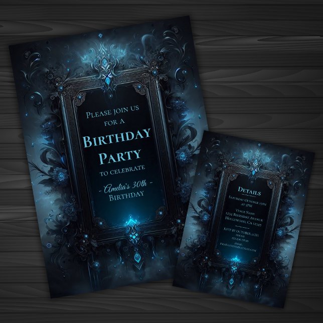 Invitación Jueves gótico de brujería mística azul y negro (image shows front and back of invitation)
