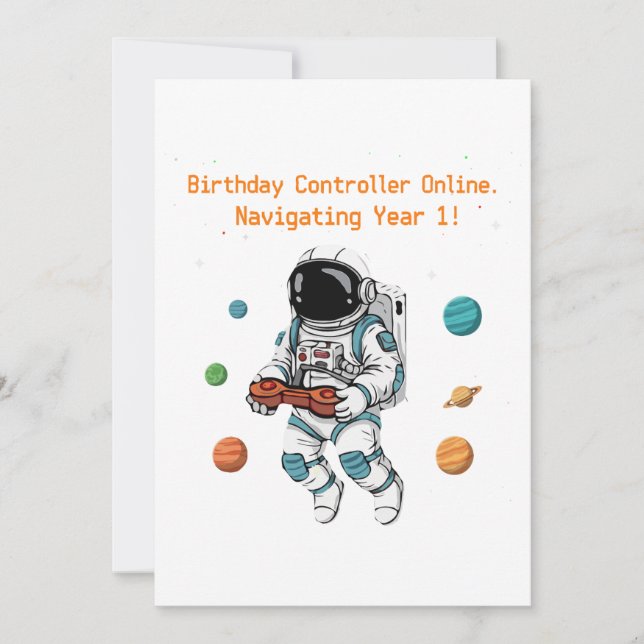 Invitación Jugador Astronauta Cute Primer Cumpleaños | Navega (Anverso)