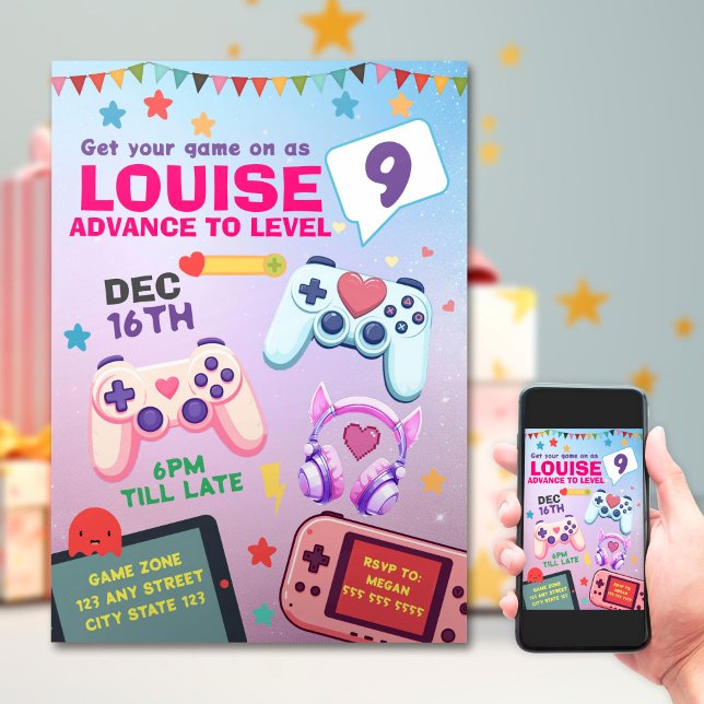 Invitación Jugador Chica Colorful Pink Video Game Birday (Subido por el creador)