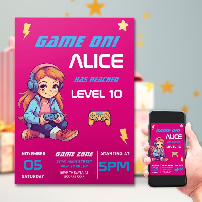 Invitación Jugador Chica de videojuego rosado Cumpleaños (Subido por el creador)