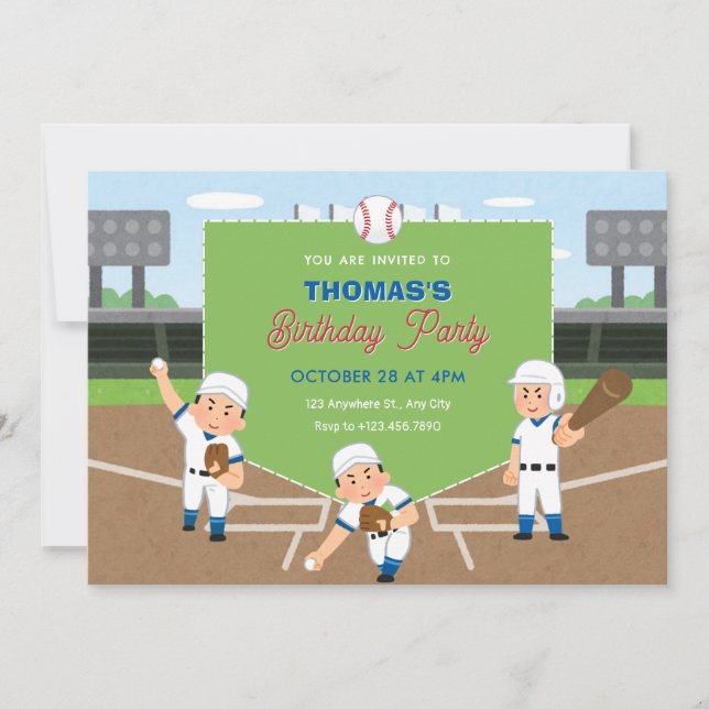 Invitación Jugador cumpleaños de béisbol (Anverso)